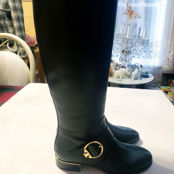 Tory Burch Black & Gold Leather Riding Boots 6.5M - Picture 7 of 8